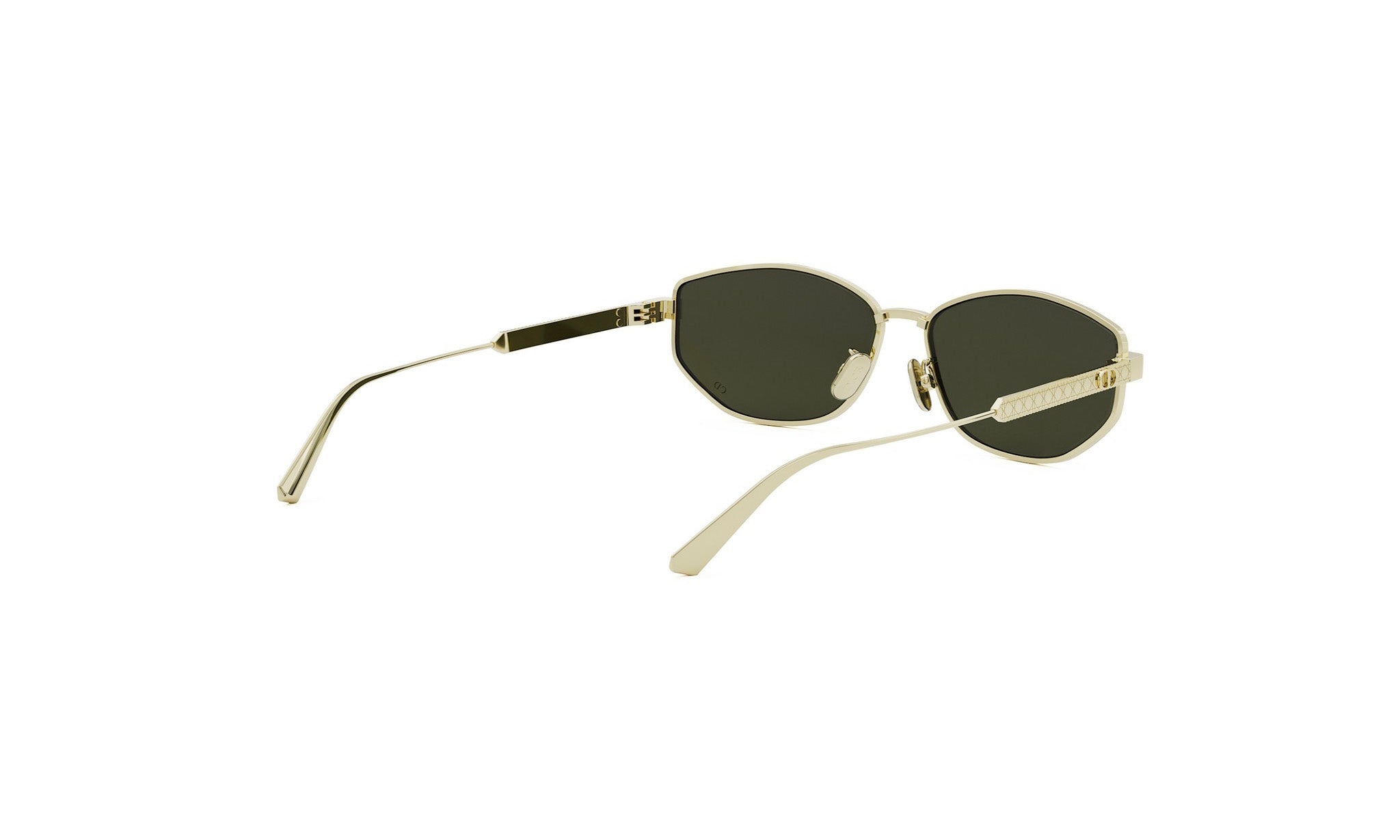 A pair of gold-colored sunglasses with dark lenses.