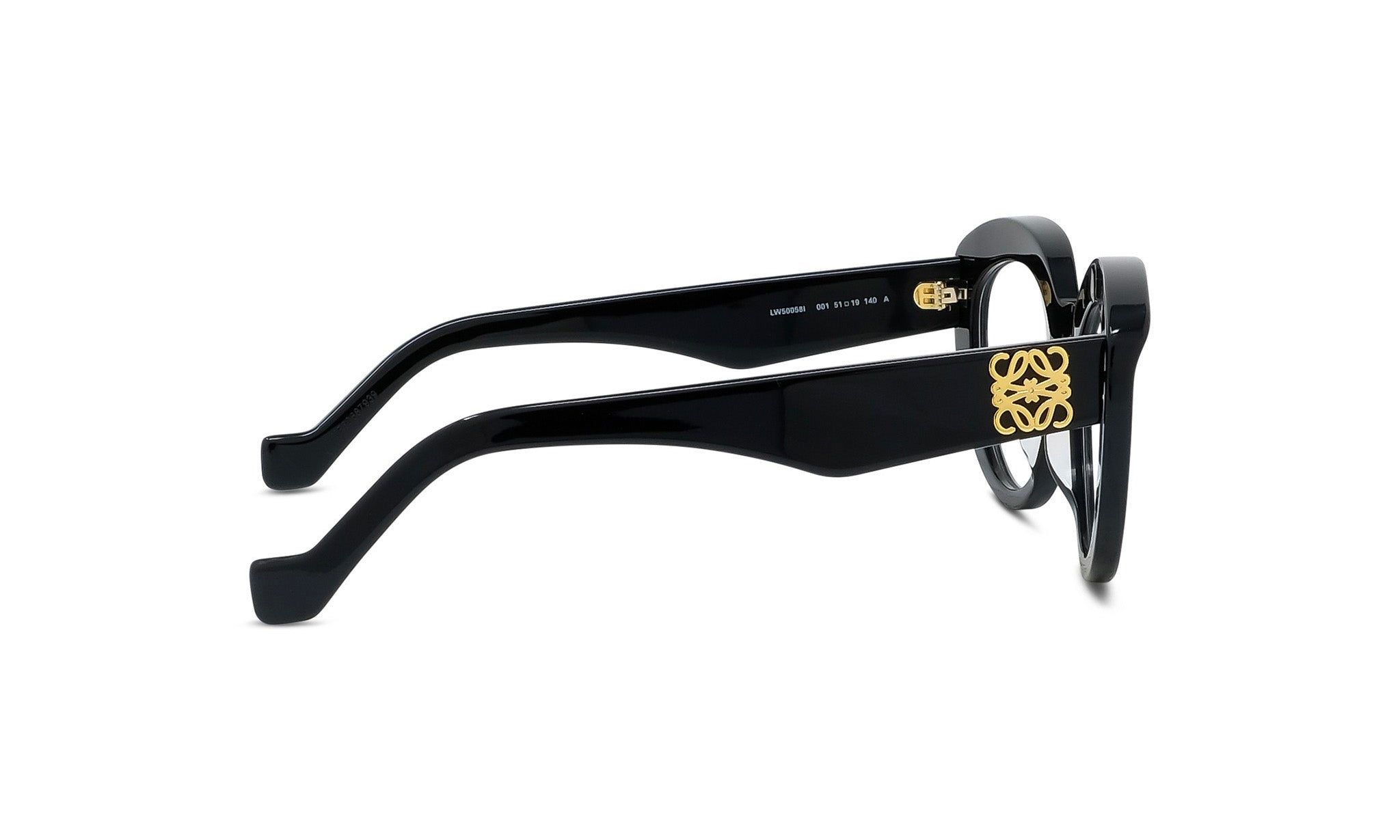 A pair of black-framed glasses with a gold logo on the side.
