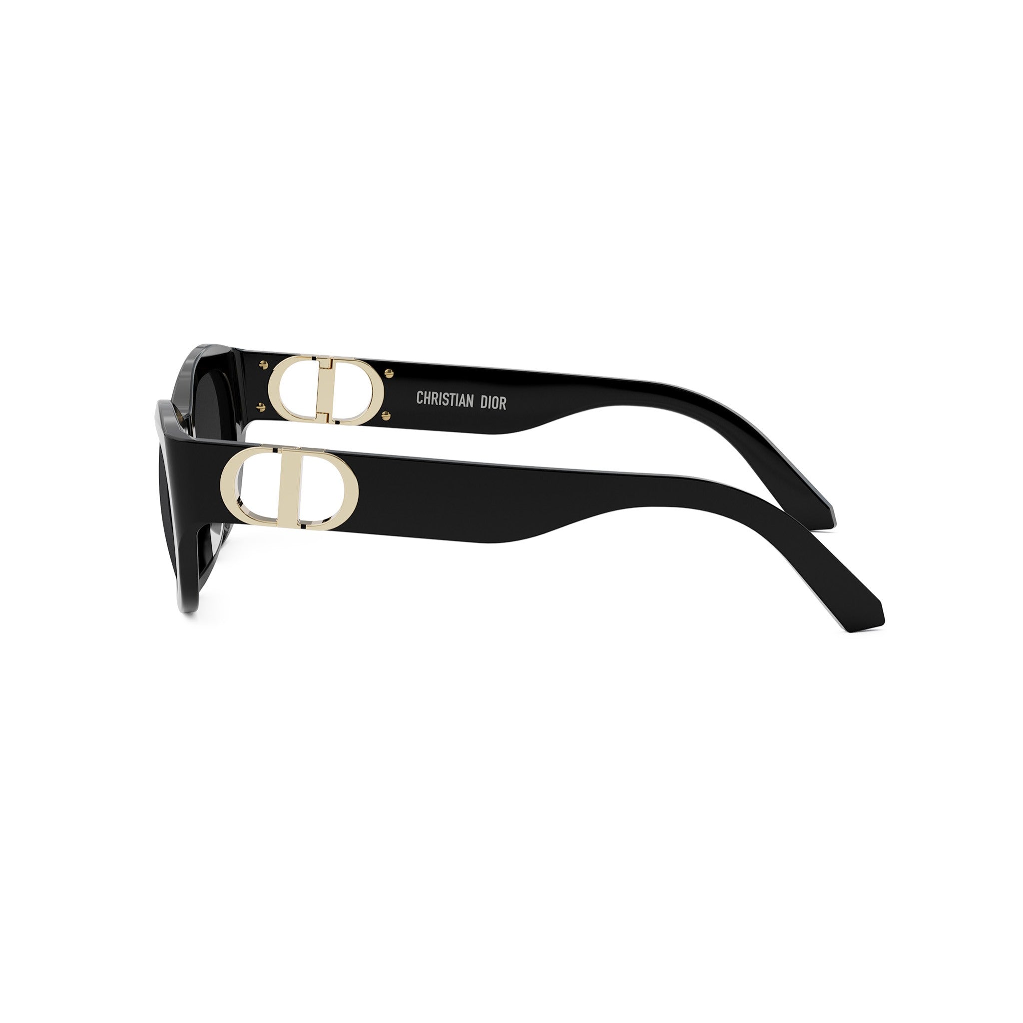 A pair of black sunglasses with gold-colored DOR logo accents.
