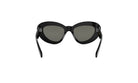A pair of black sunglasses with dark lenses.