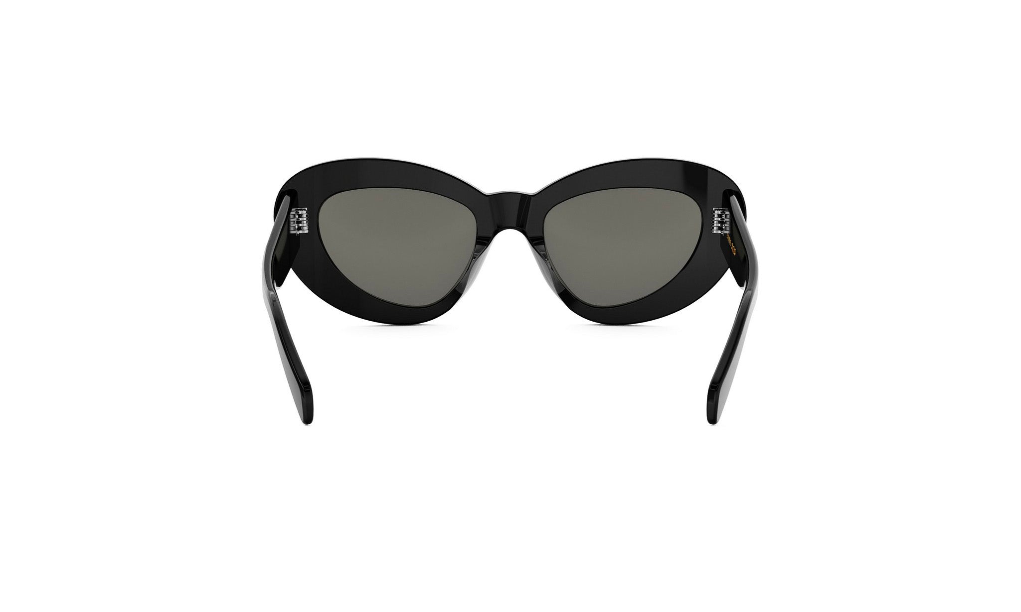 A pair of black sunglasses with dark lenses.