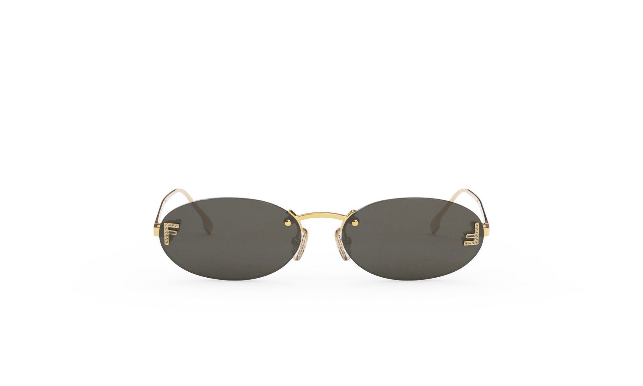 A pair of oval-shaped sunglasses with gold-colored frames and dark lenses.