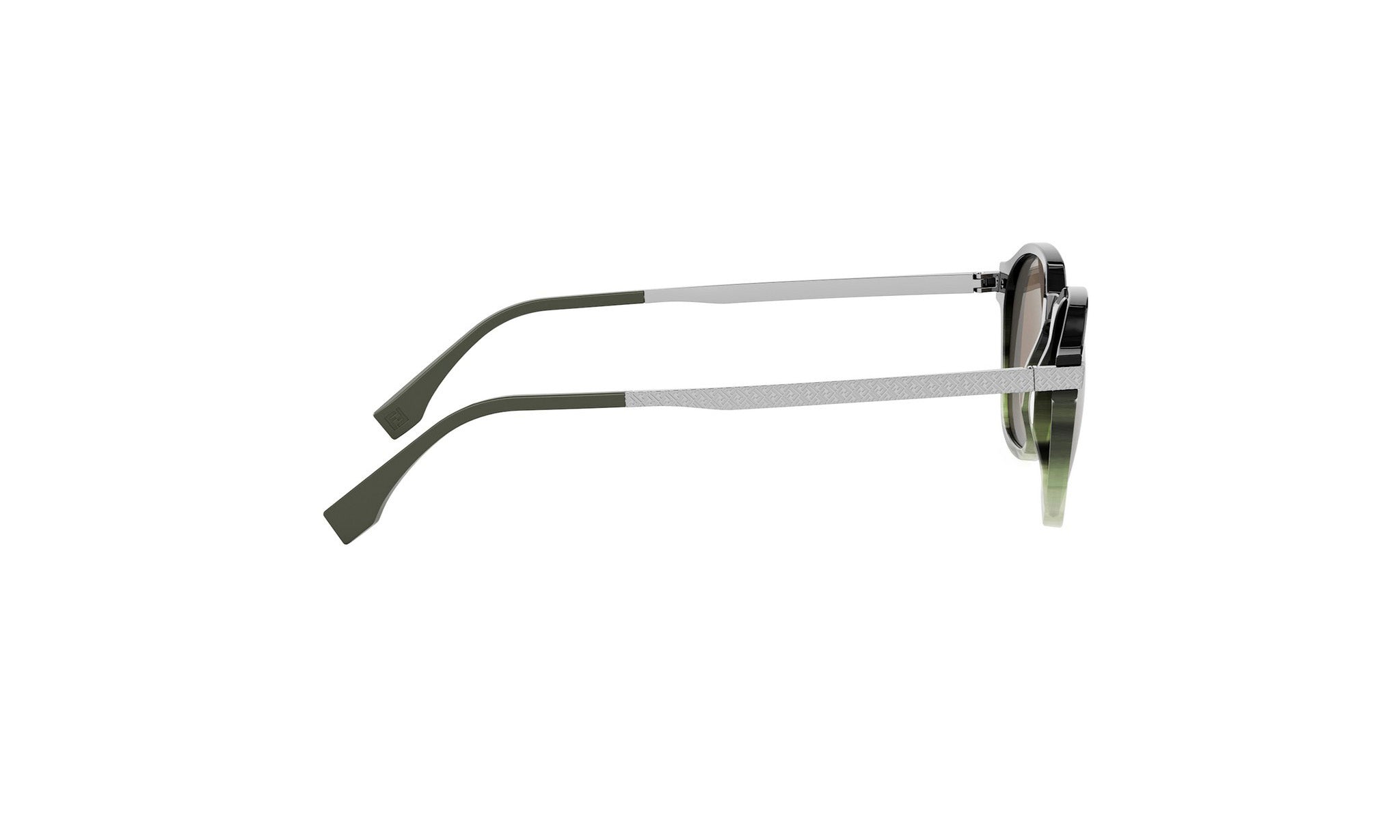 A pair of dark green-framed sunglasses with a white frame, positioned side by side against a white background.