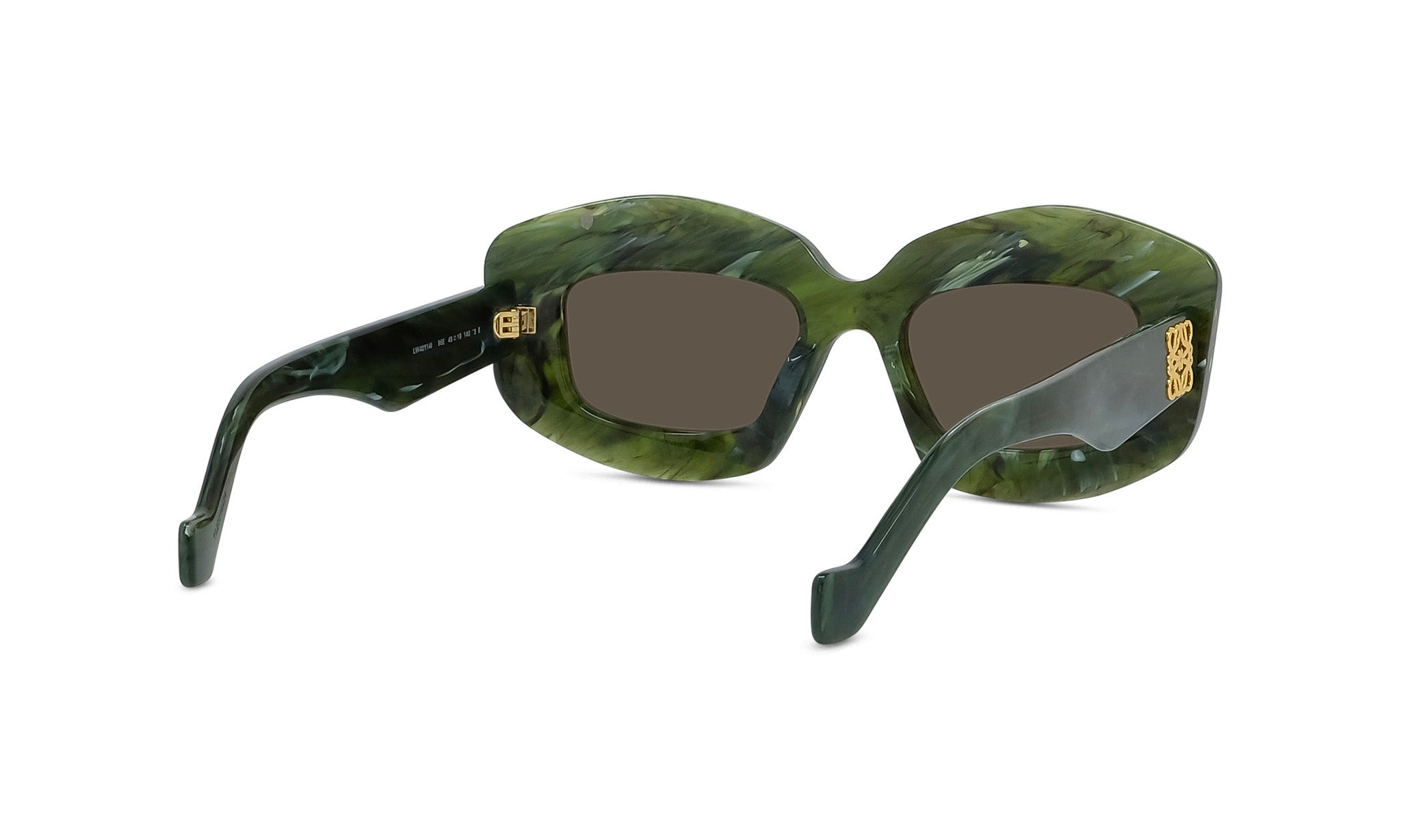 A pair of green-tinted sunglasses with gold accents, featuring a unique and stylish design.