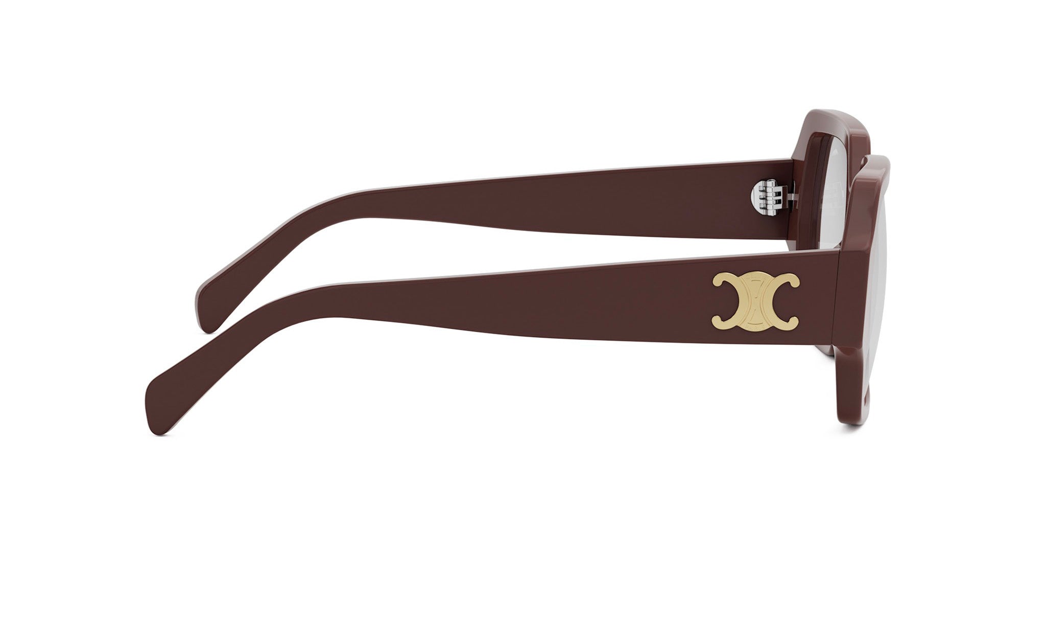 A pair of brown sunglasses with a gold logo on the frame.