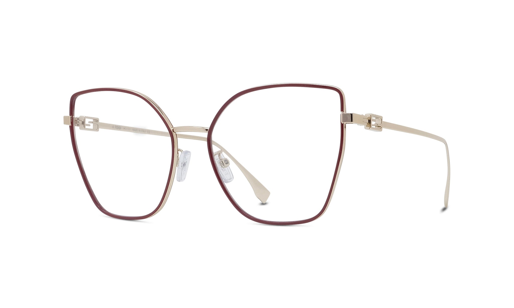 A pair of stylish, modern-looking glasses with a maroon frame and a thin, sleek design.