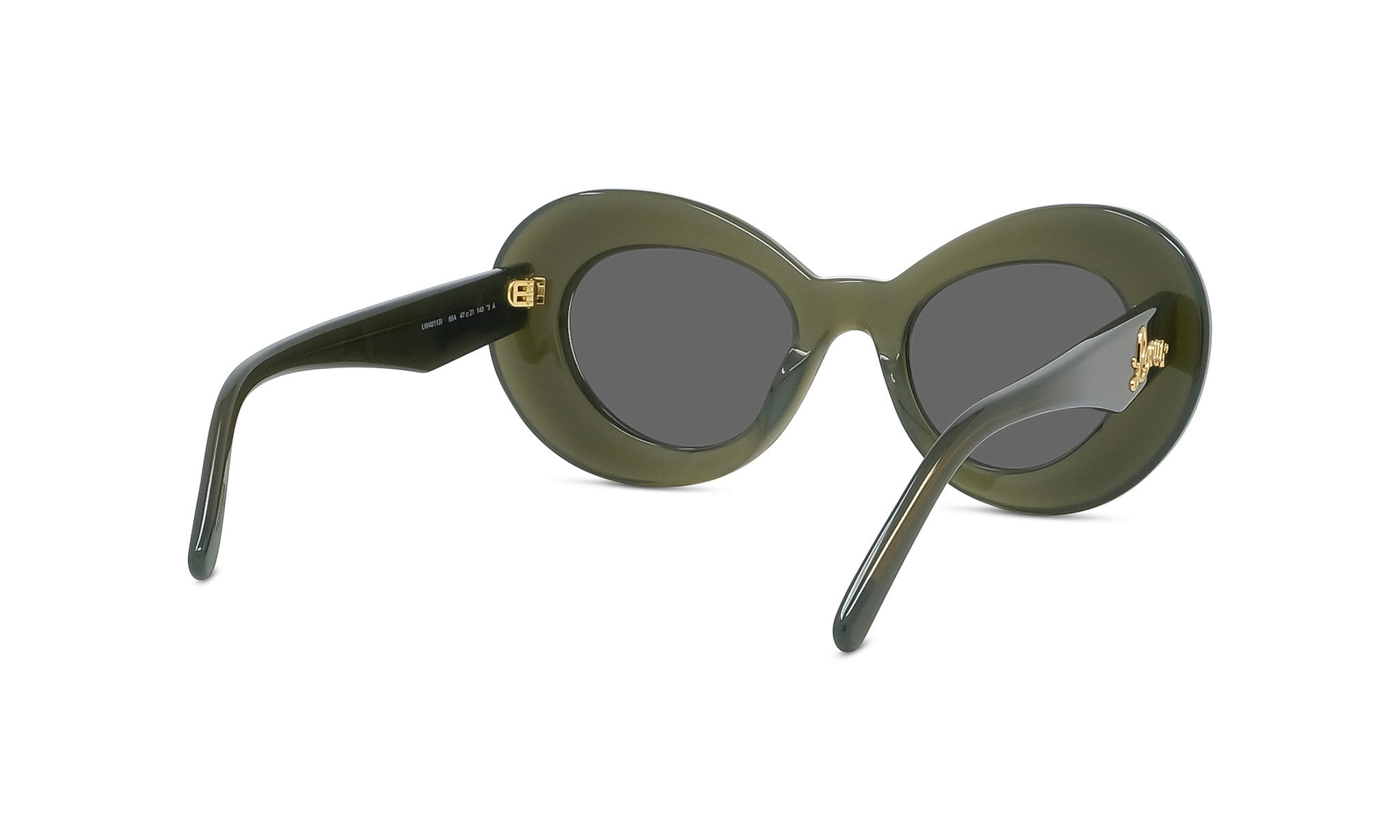 A pair of dark green, round sunglasses with gold accents.