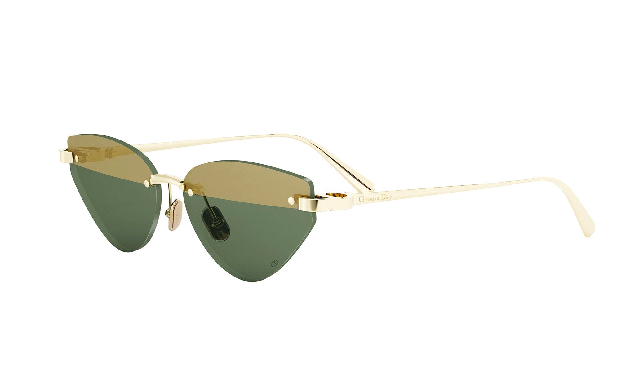 A pair of gold-framed sunglasses with green lenses.