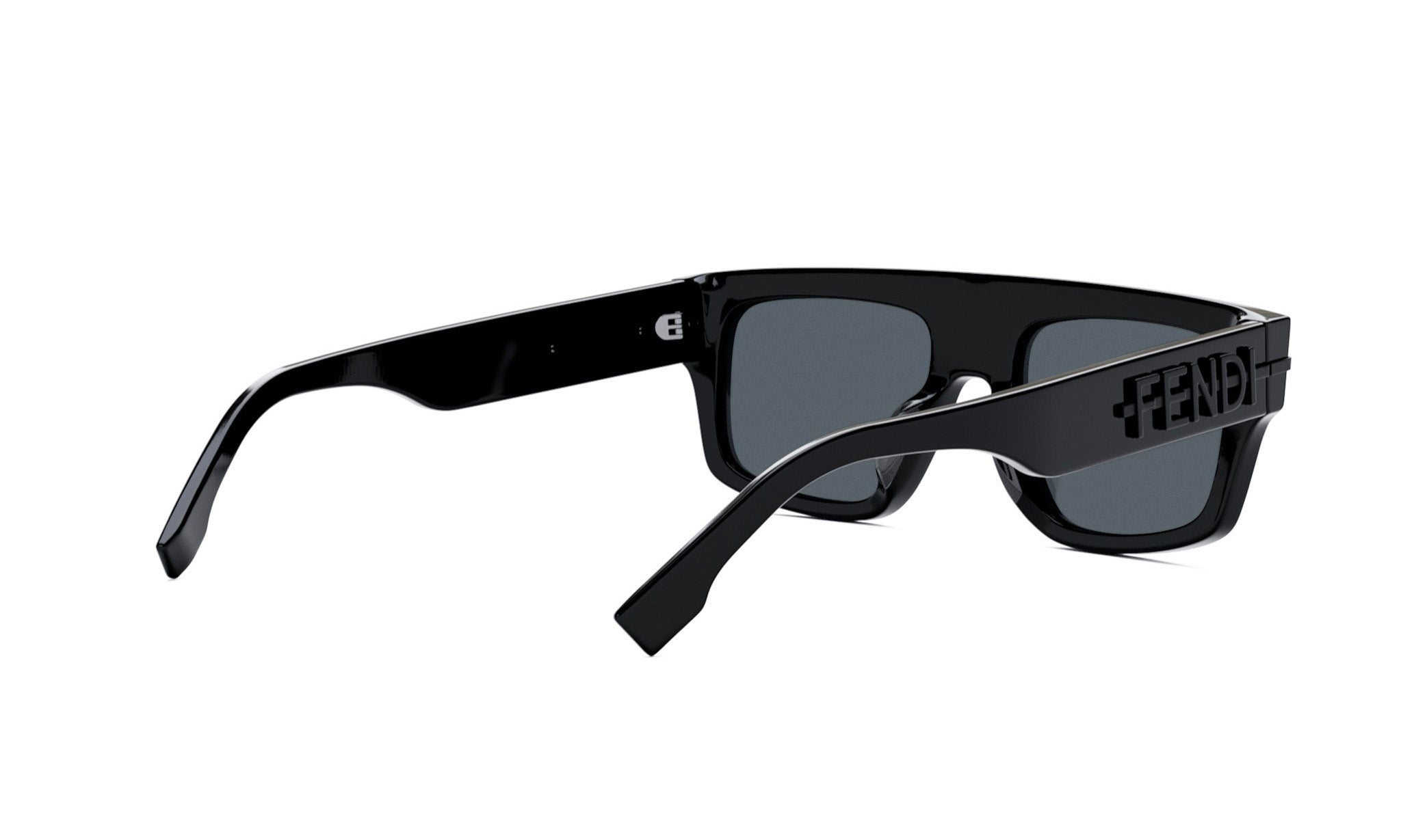 A pair of black sunglasses with the Fendi logo on the frame.