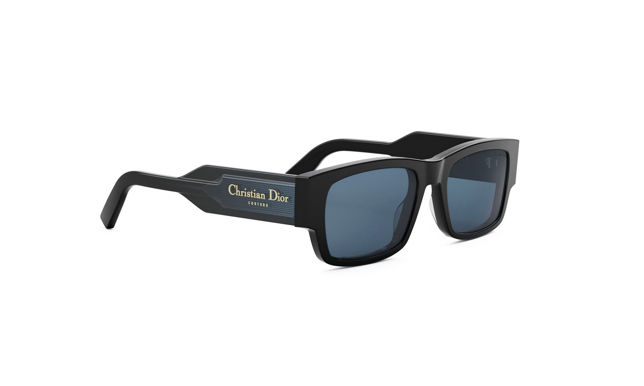A pair of black sunglasses with the brand name "Christian Dior" printed on the side.