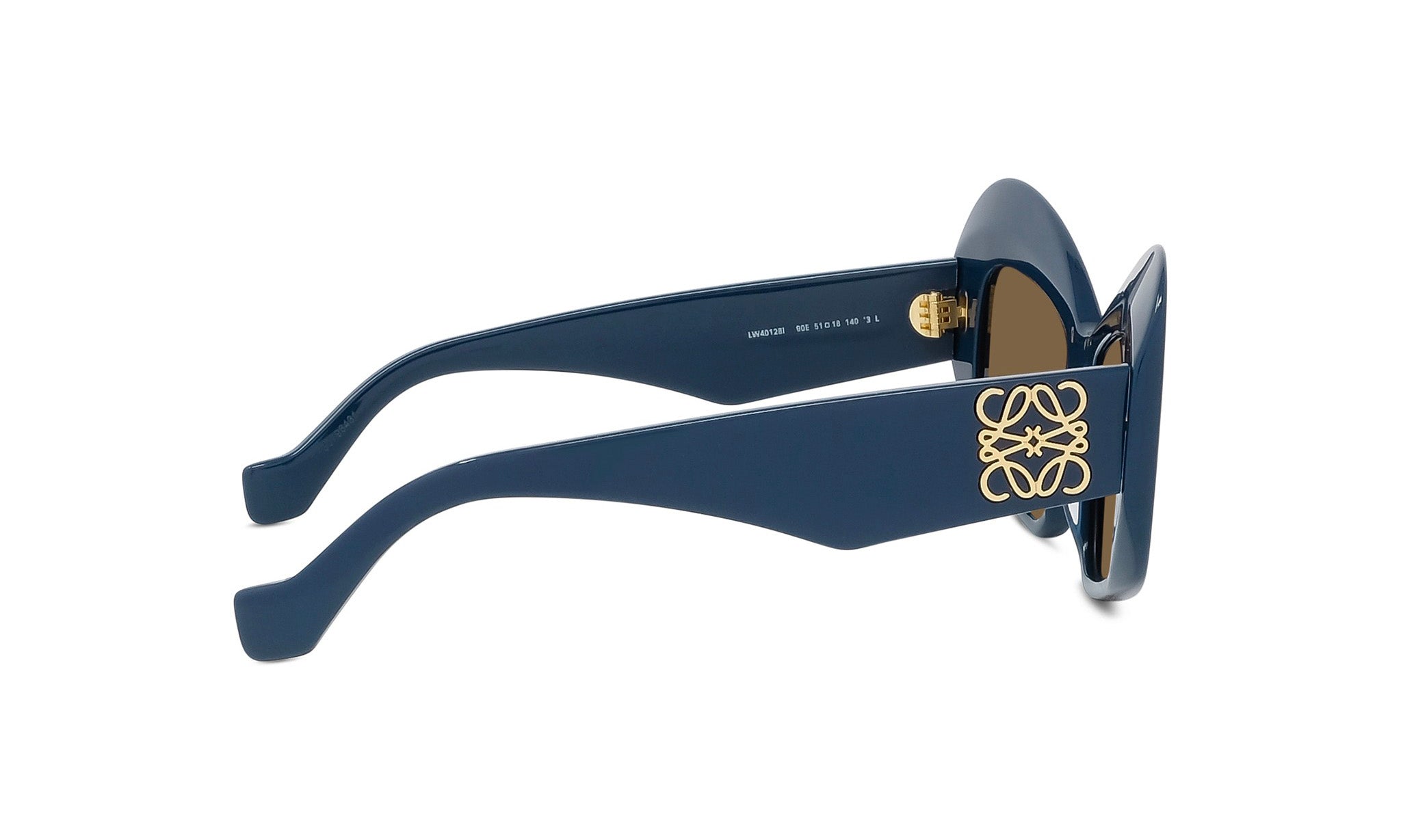 A pair of blue sunglasses with gold accents, featuring a unique logo design on the frame.