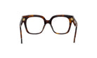 A pair of brown-framed glasses with gold-colored temples, positioned facing forward against a white background.