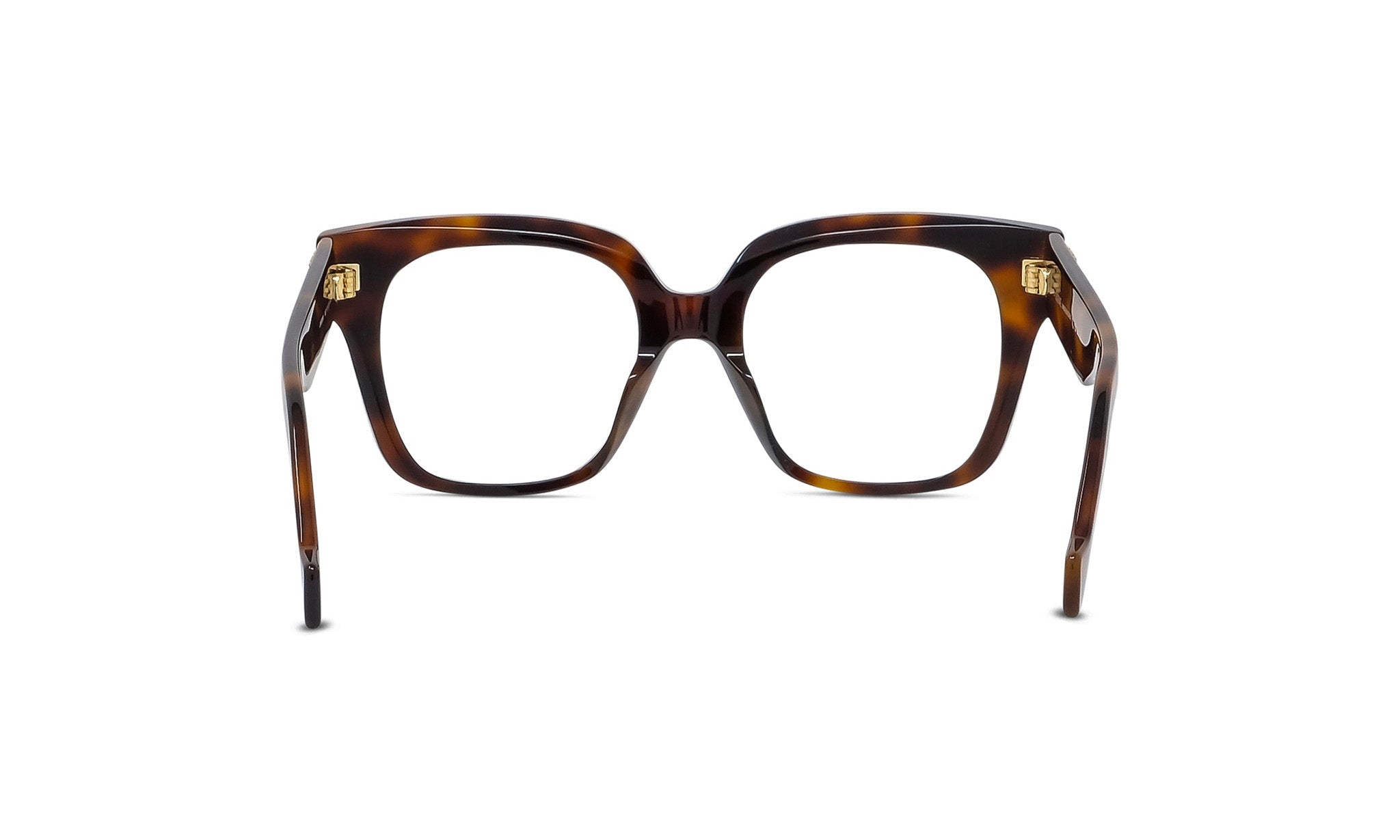 A pair of brown-framed glasses with gold-colored temples, positioned facing forward against a white background.