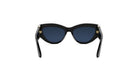 A pair of black cat-eye sunglasses with dark blue lenses.