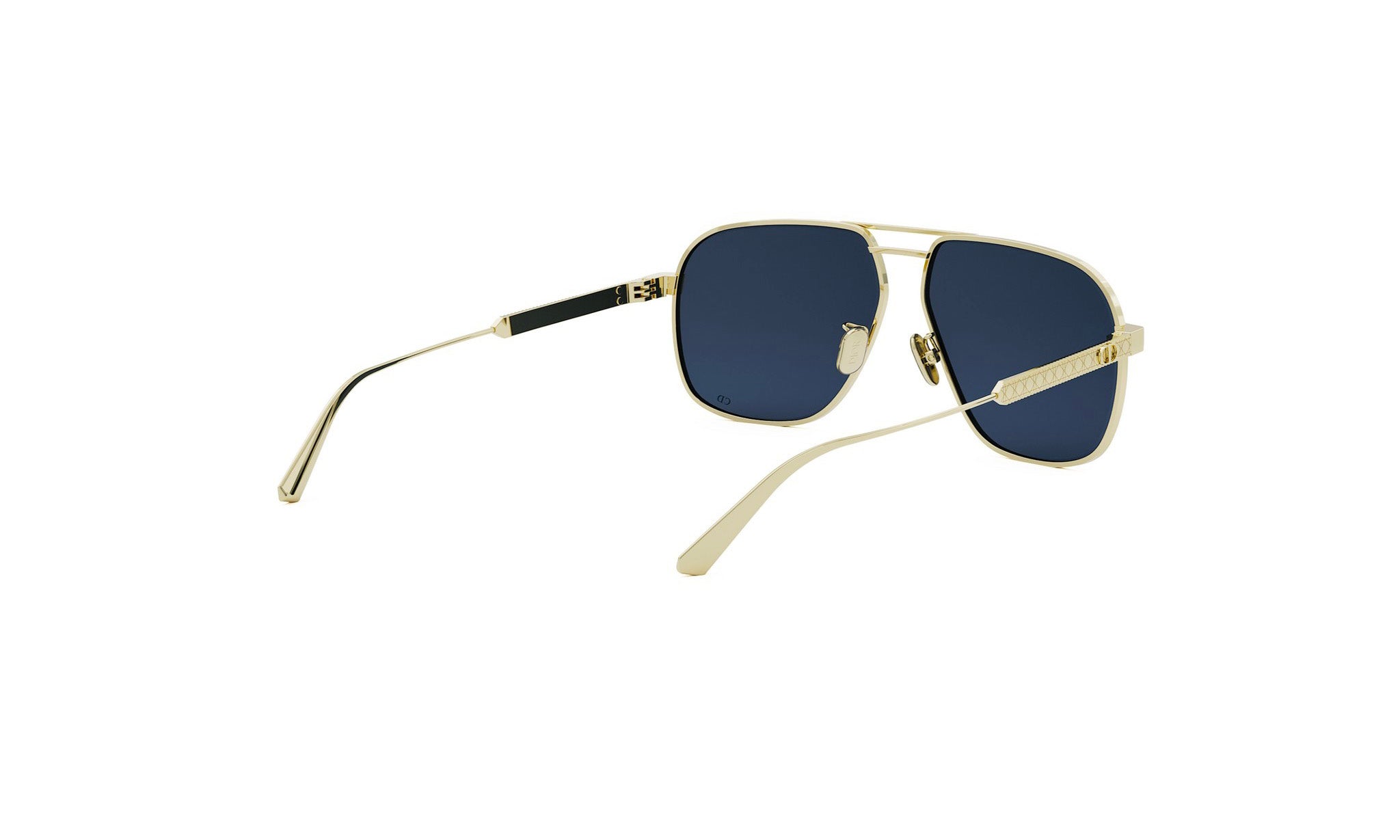 A pair of gold-framed sunglasses with dark blue lenses.