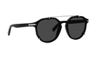 A pair of black sunglasses with a silver frame and a black strap.