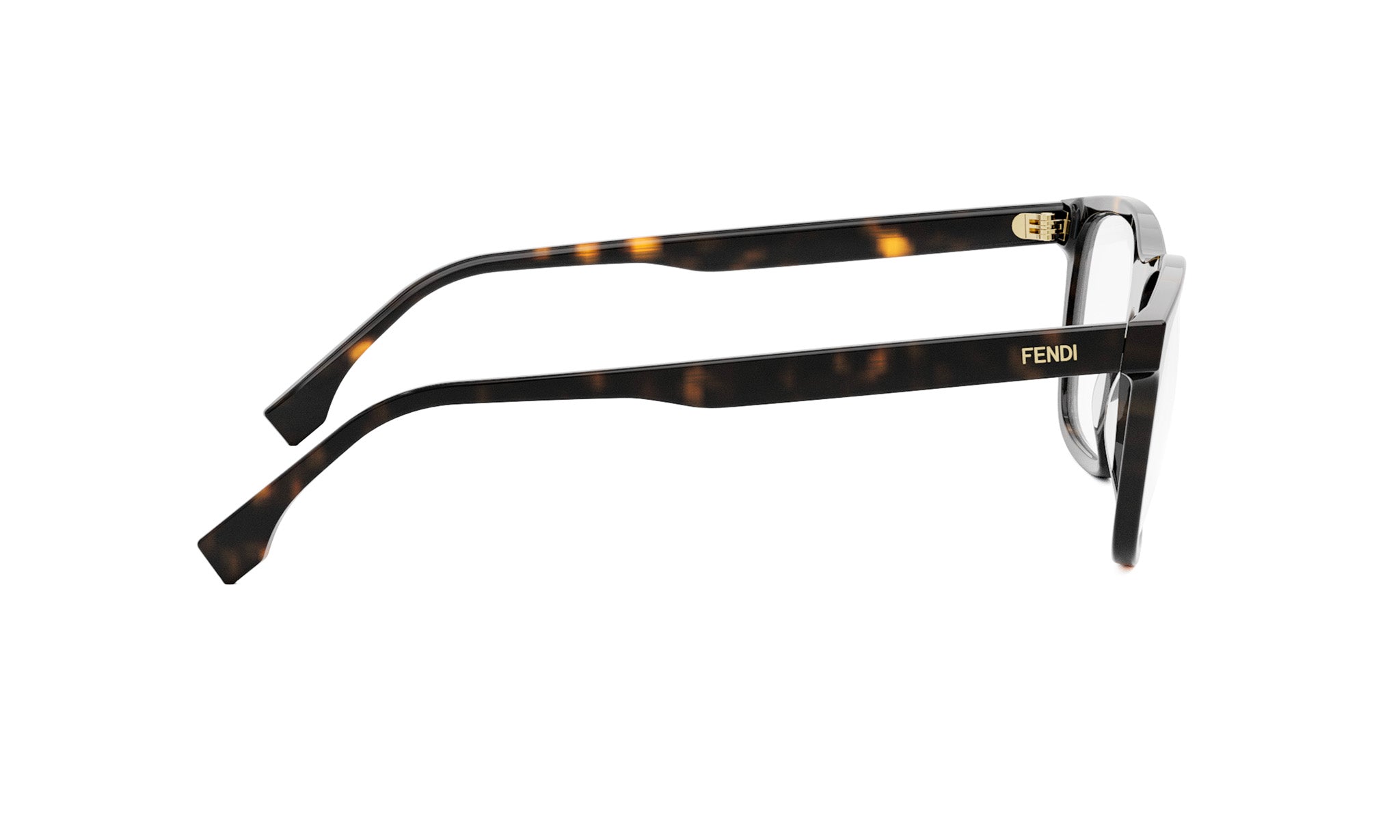 A pair of tortoise-patterned Fendi-branded eyeglasses with dark frames and temples.