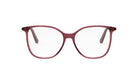 A pair of red-tinted glasses with clear lenses, set against a white background.