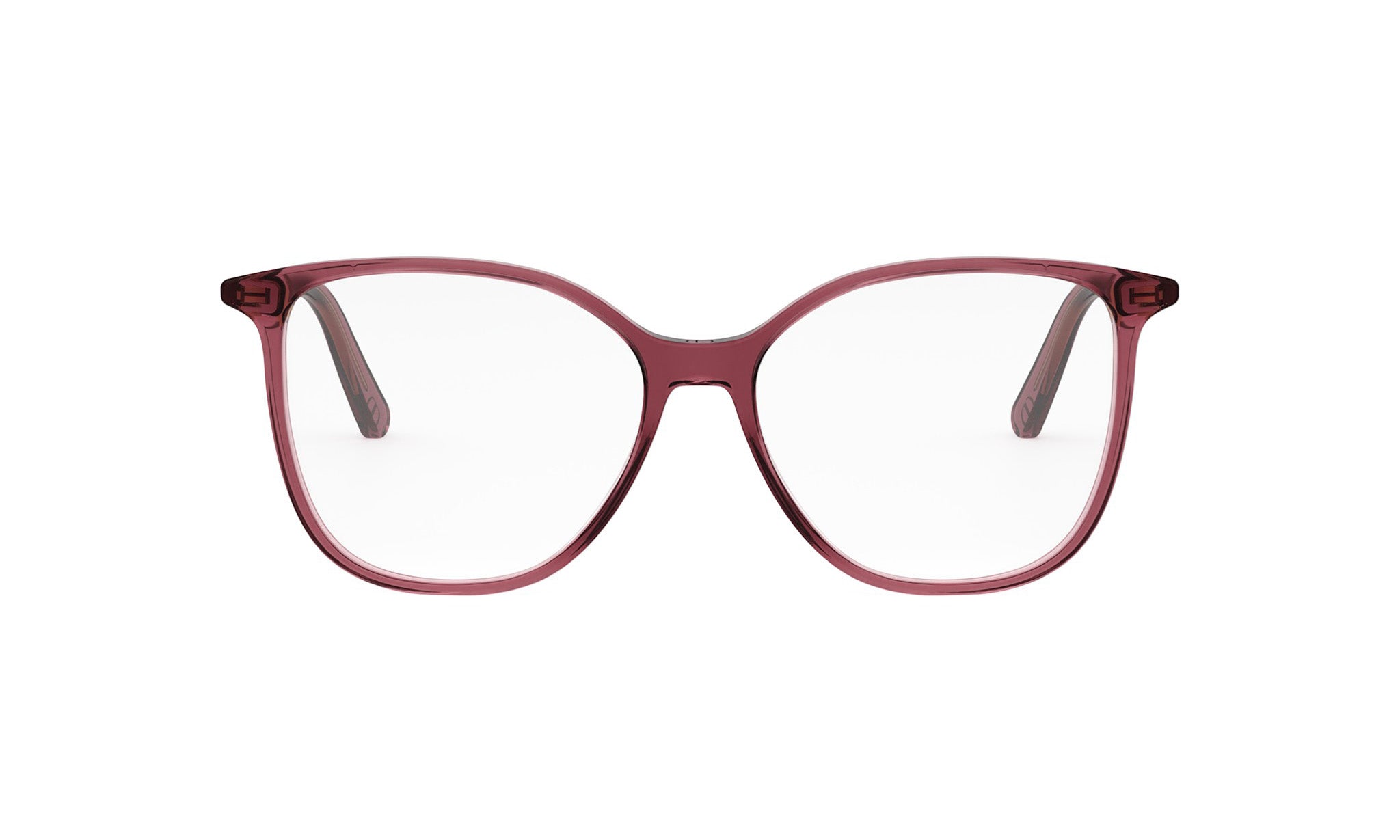A pair of red-tinted glasses with clear lenses, set against a white background.