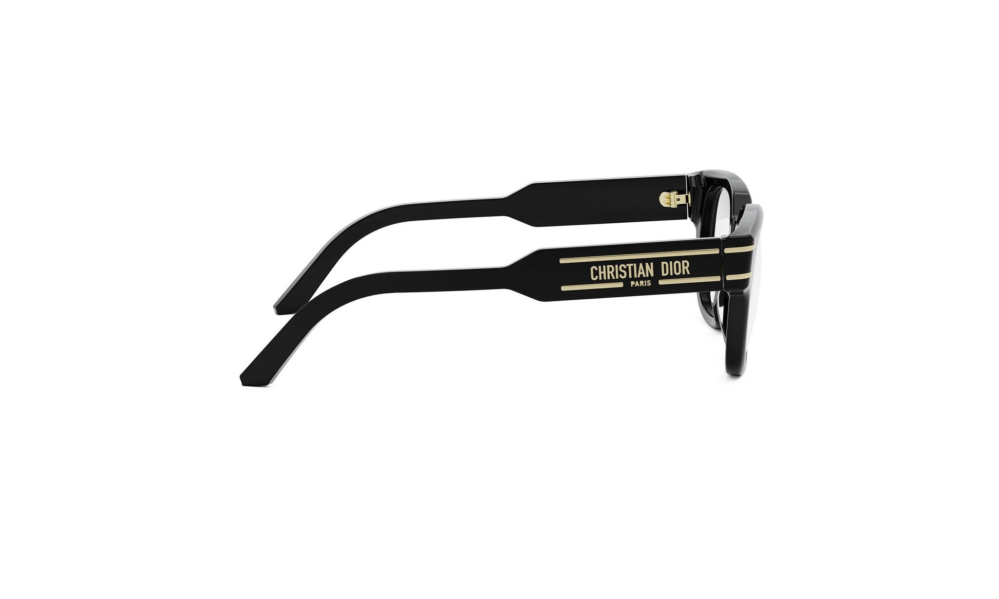 A pair of black Christian Dior glasses with gold accents.