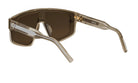 A pair of sunglasses with a dark brown frame and clear lenses.