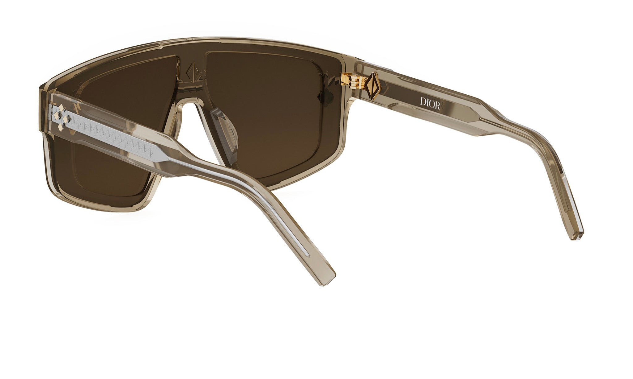 A pair of sunglasses with a dark brown frame and clear lenses.