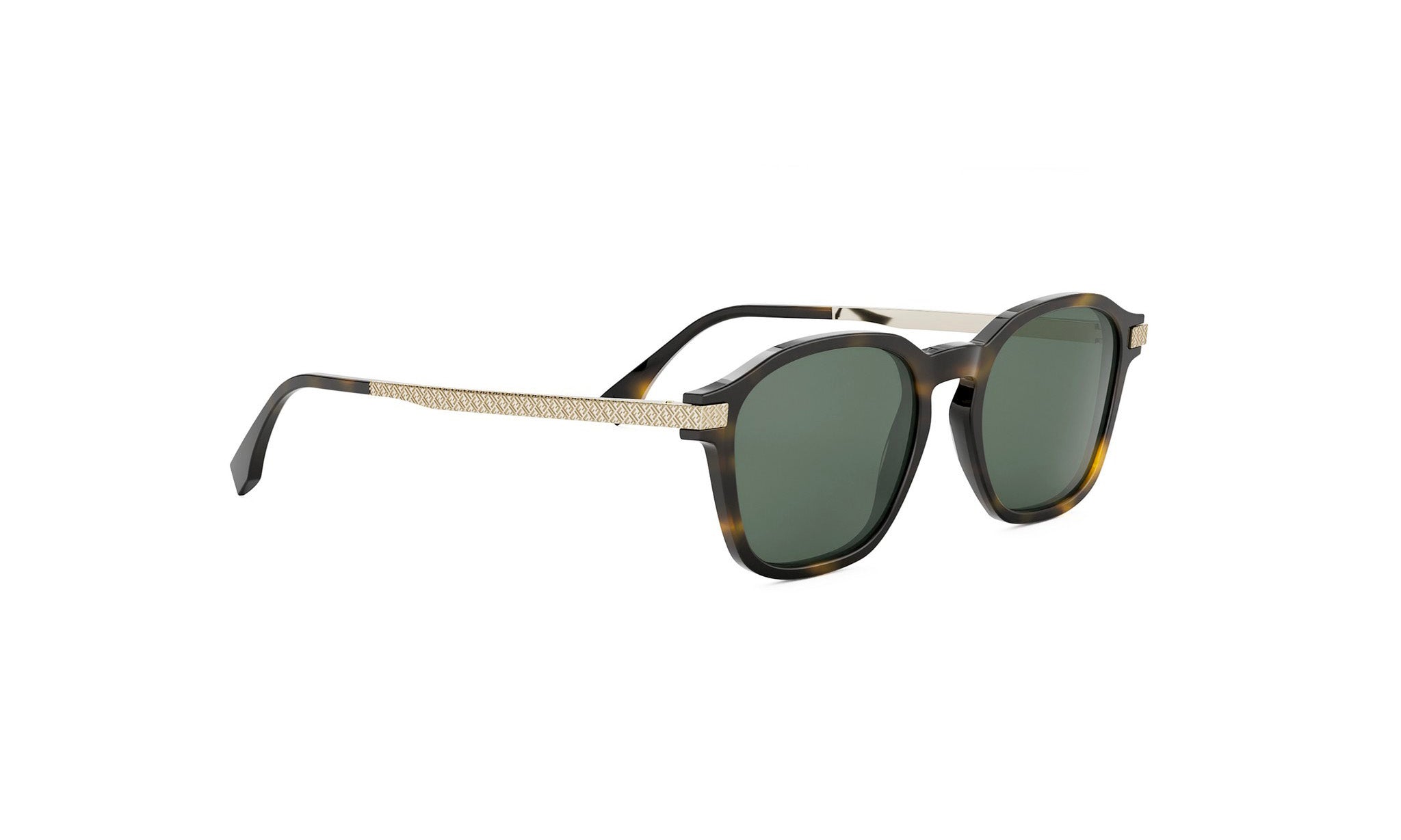 A pair of sunglasses with dark green lenses and a dark brown frame.