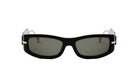 A pair of black sunglasses with dark lenses.