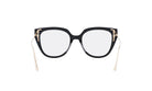 A pair of black cat-eye framed glasses with gold accents.