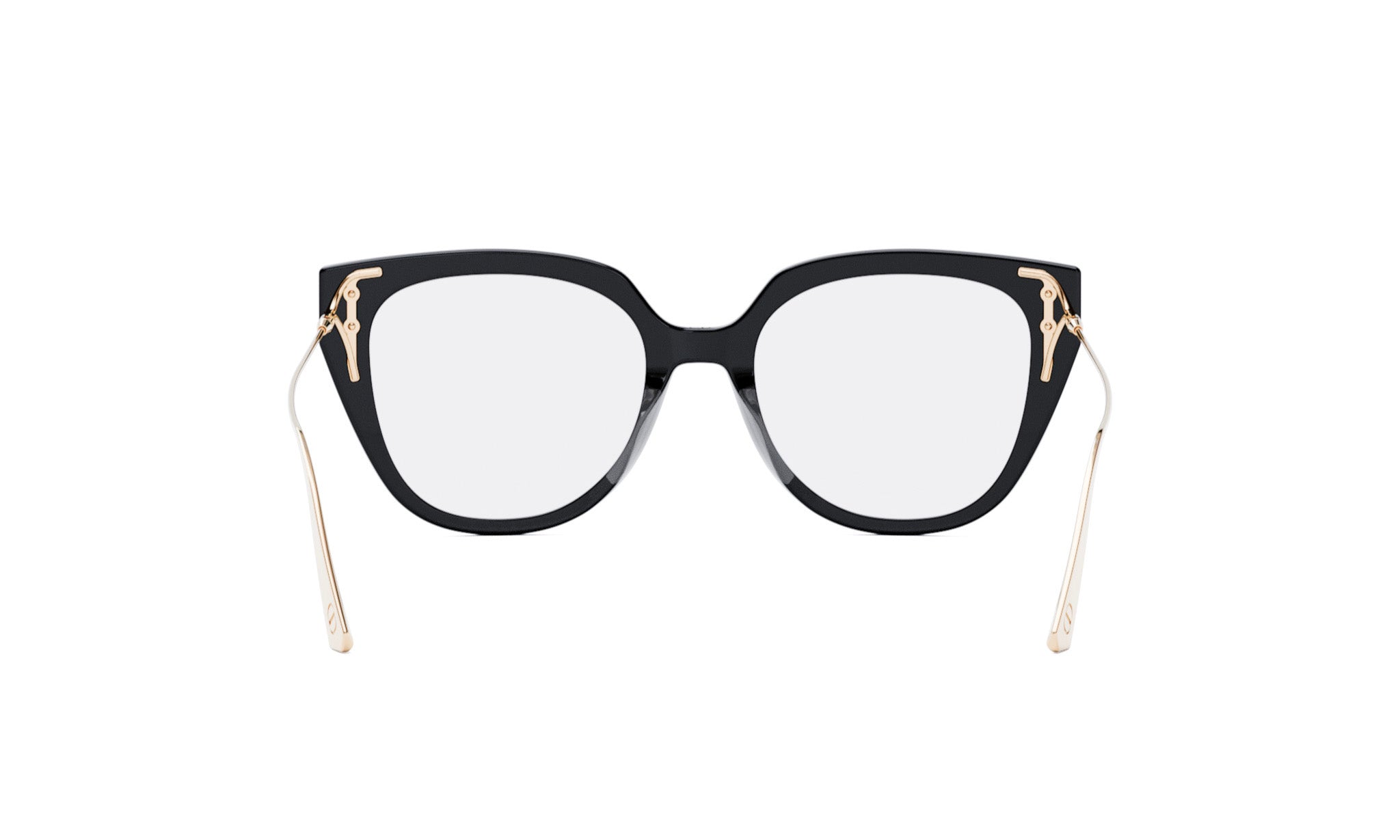 A pair of black cat-eye framed glasses with gold accents.