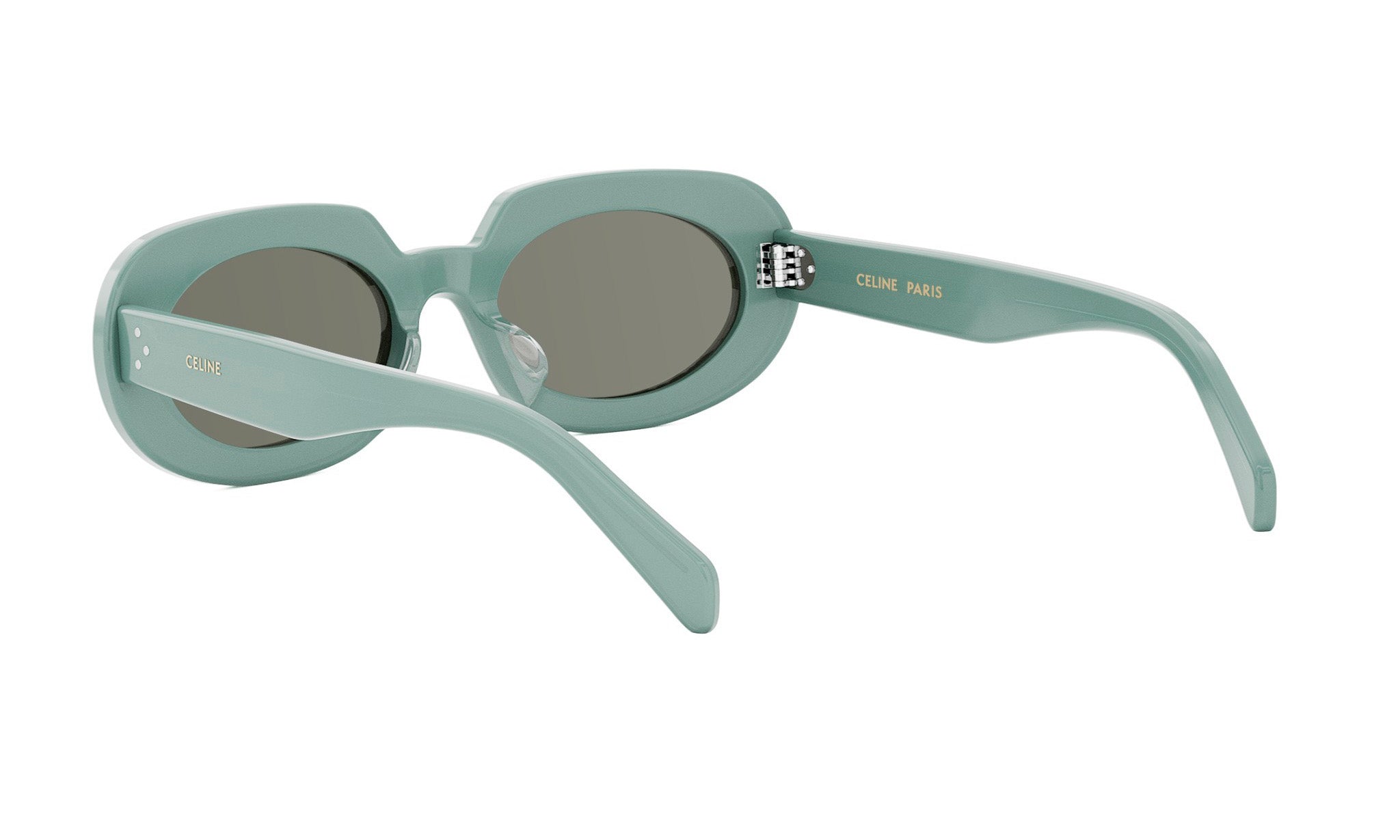 A pair of light green sunglasses with a dark lens.