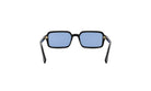A pair of black rectangular sunglasses with blue lenses, positioned facing forward against a white background.