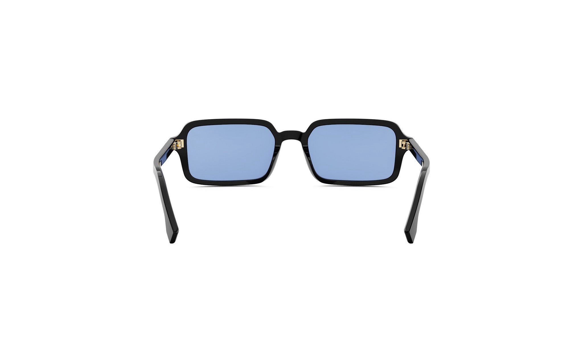 A pair of black rectangular sunglasses with blue lenses, positioned facing forward against a white background.