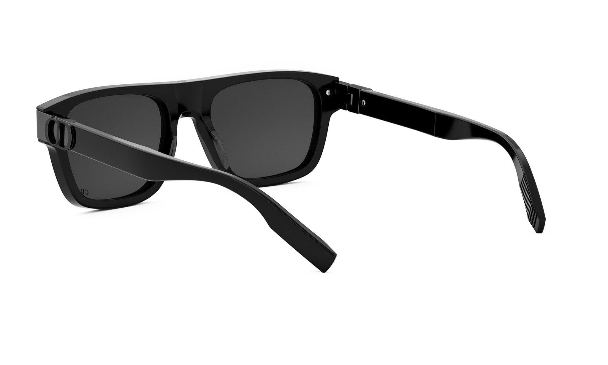 A pair of black sunglasses with dark lenses.