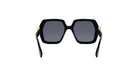 A pair of black sunglasses with gold accents, featuring a square frame and dark lenses.
