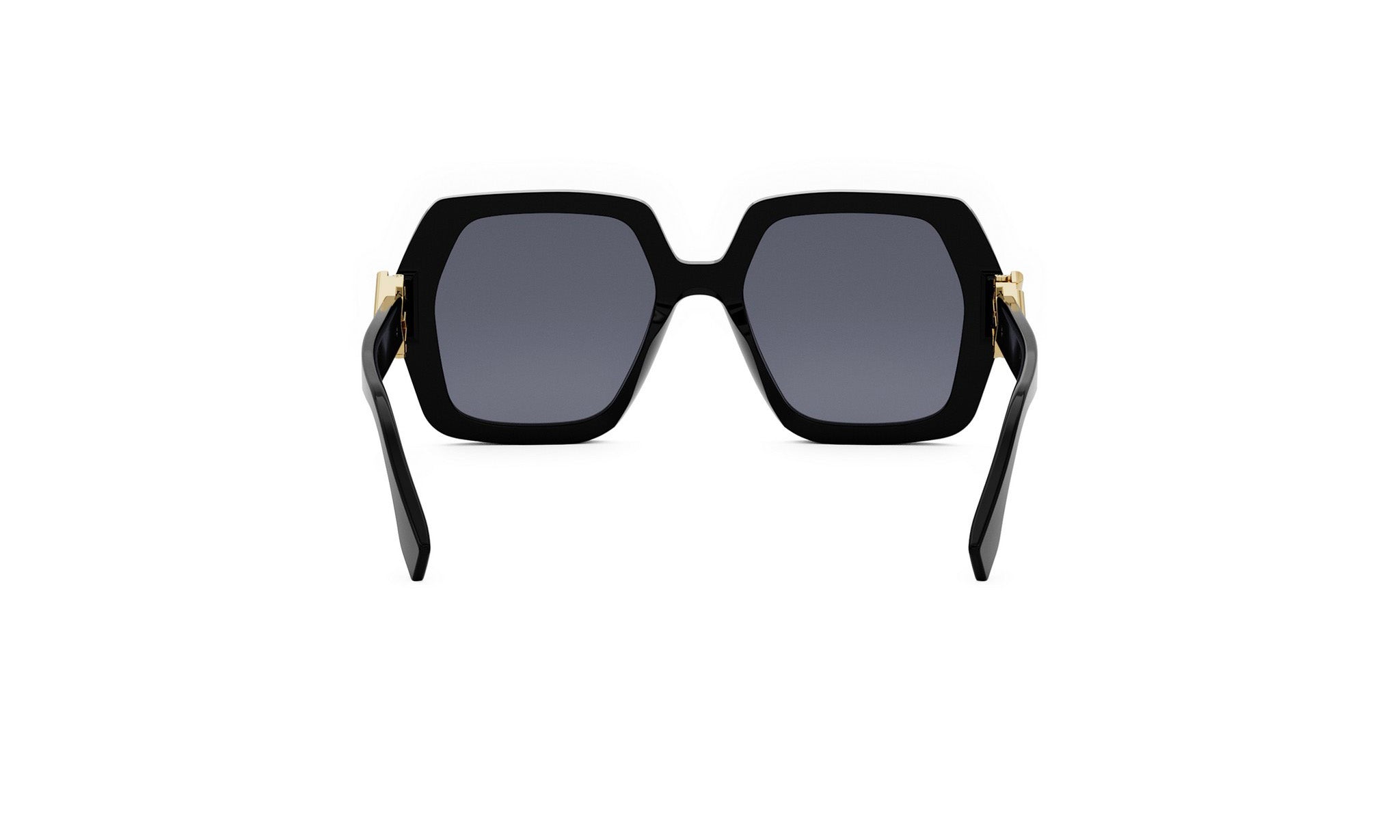 A pair of black sunglasses with gold accents, featuring a square frame and dark lenses.