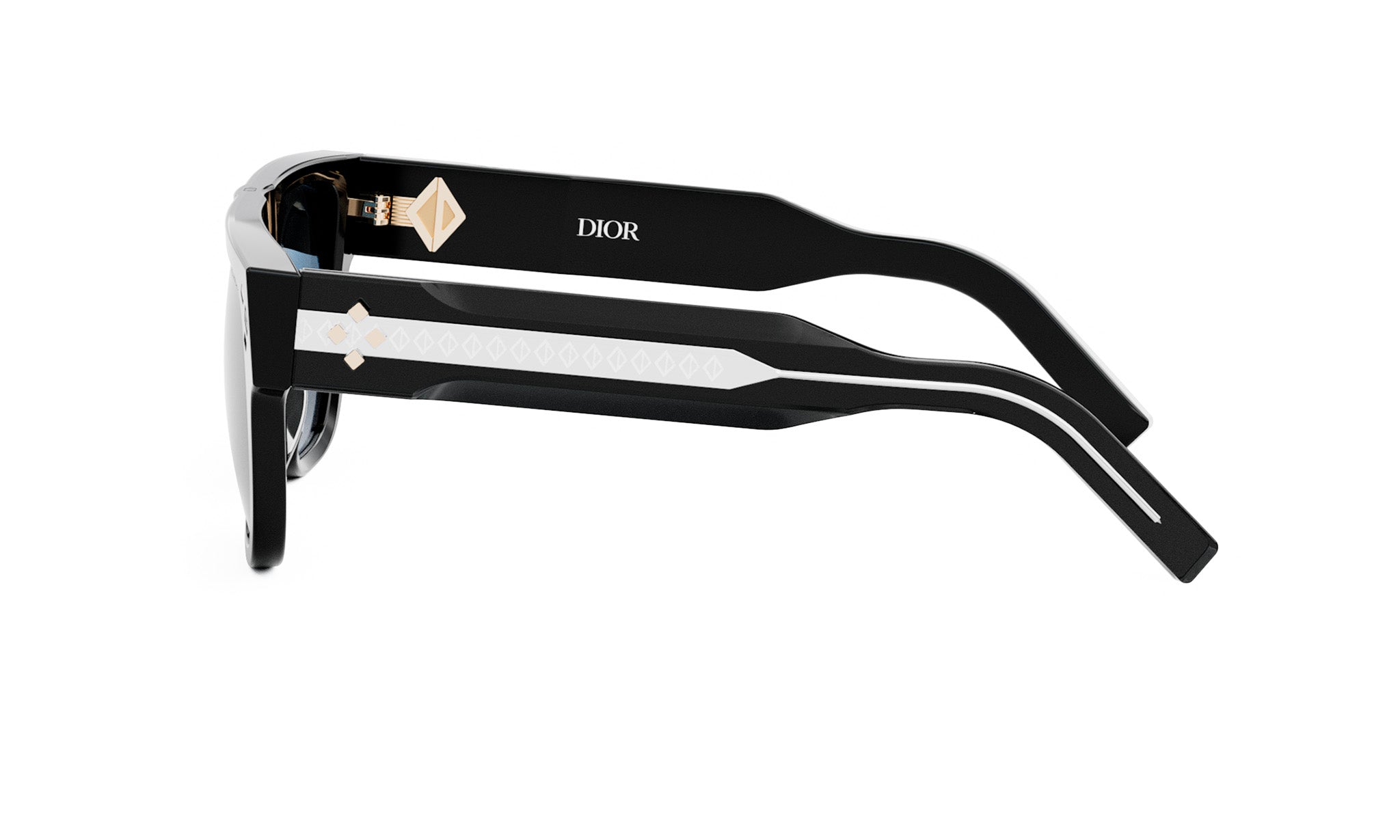 A pair of black sunglasses with a white pattern on the frame.