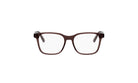 A pair of brown-framed glasses with clear lenses, set against a white background.
