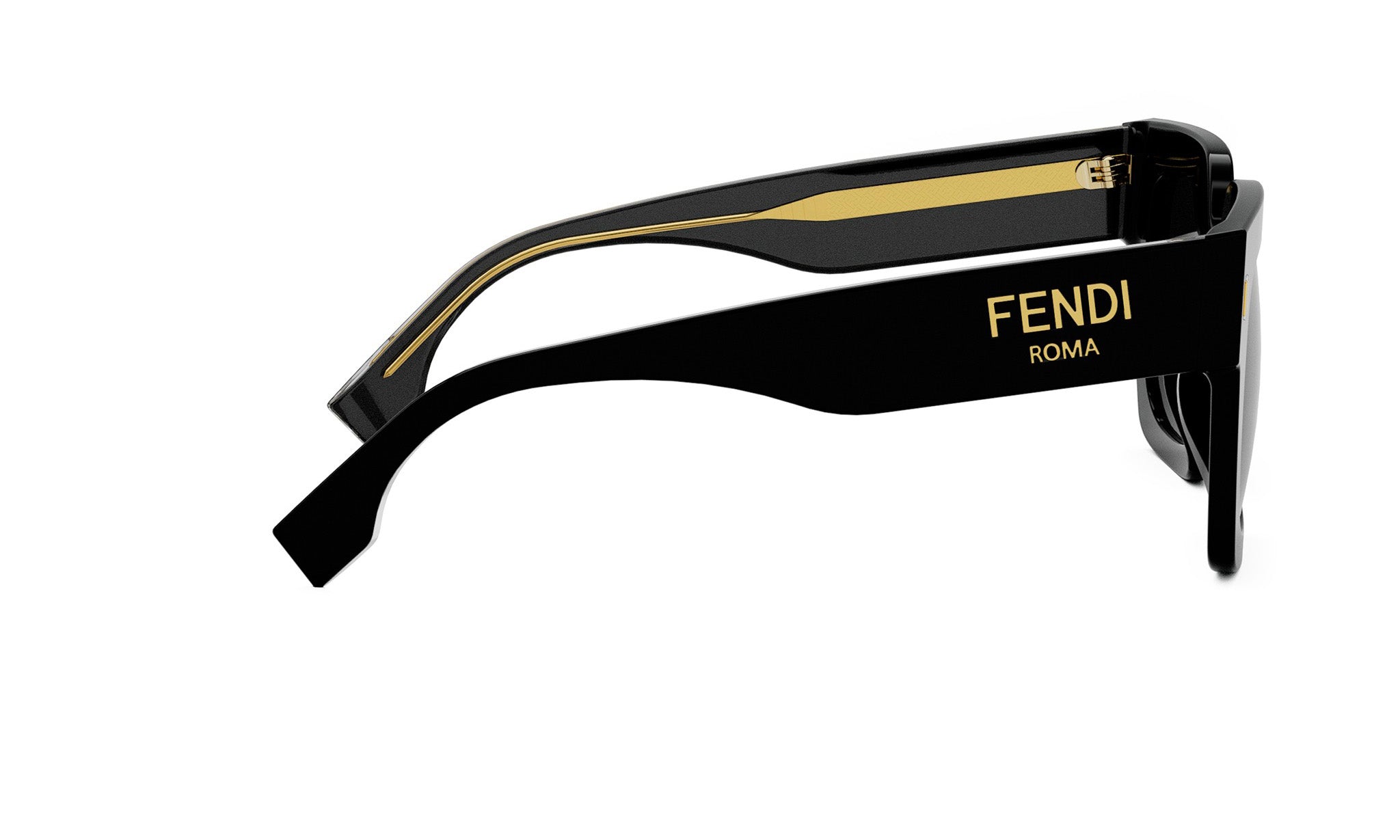 A pair of black Fendi sunglasses with gold accents.