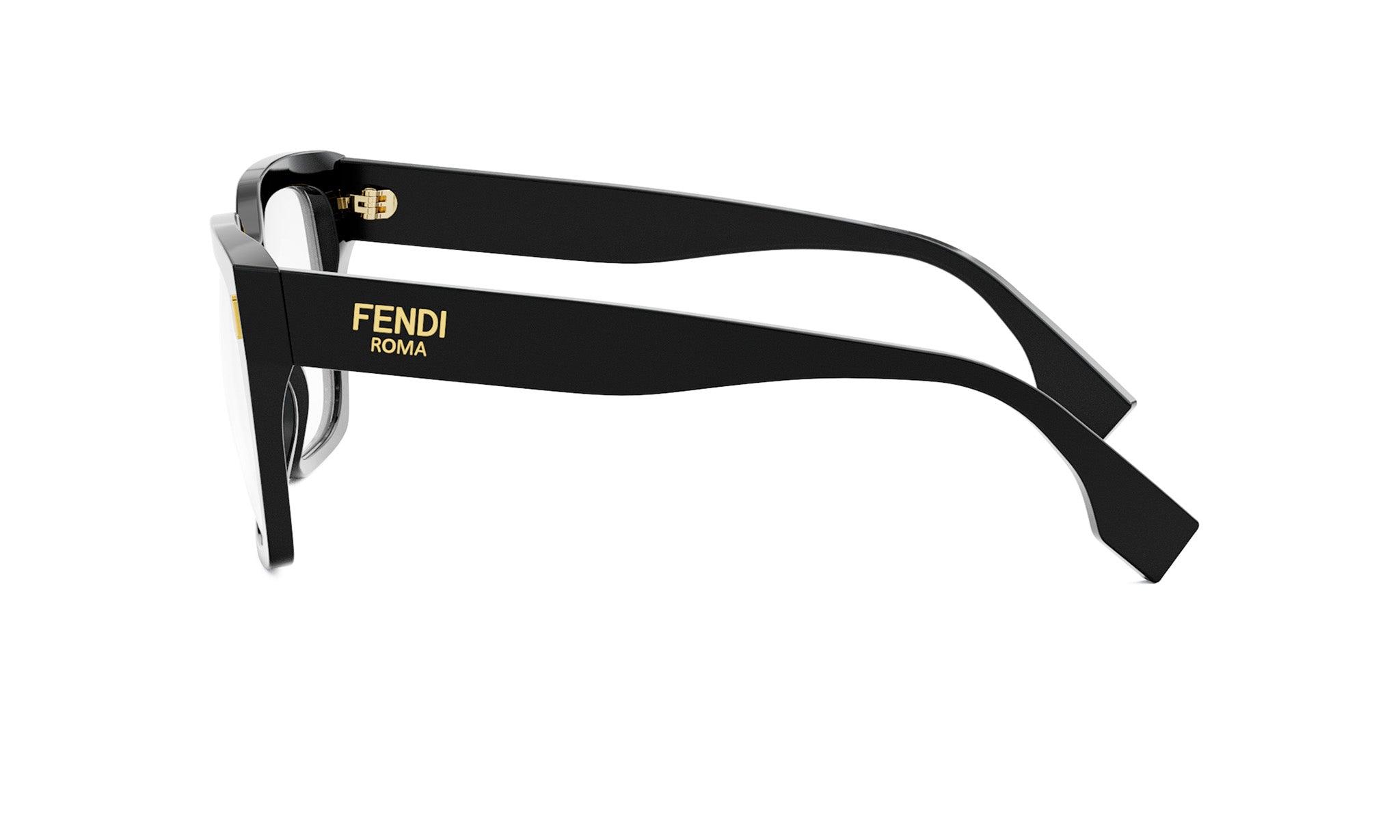 A pair of black Fendi glasses with gold accents.
