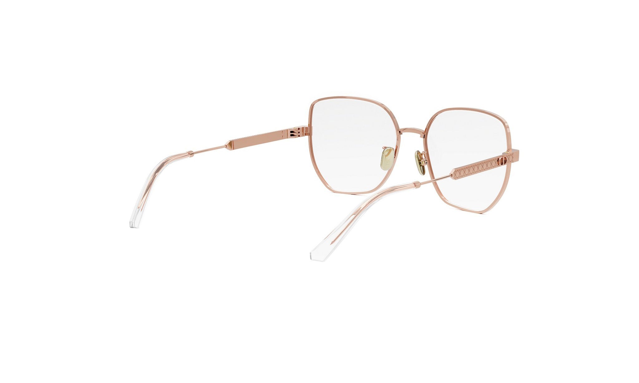 A pair of gold-colored, square-framed glasses with clear lenses, positioned on a white background.