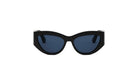 A pair of black cat-eye sunglasses with dark blue lenses.
