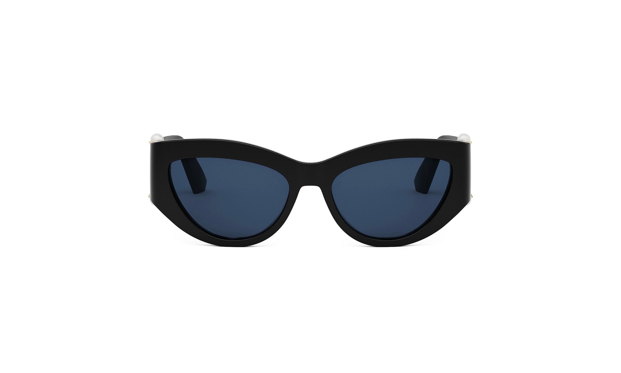 A pair of black cat-eye sunglasses with dark blue lenses.
