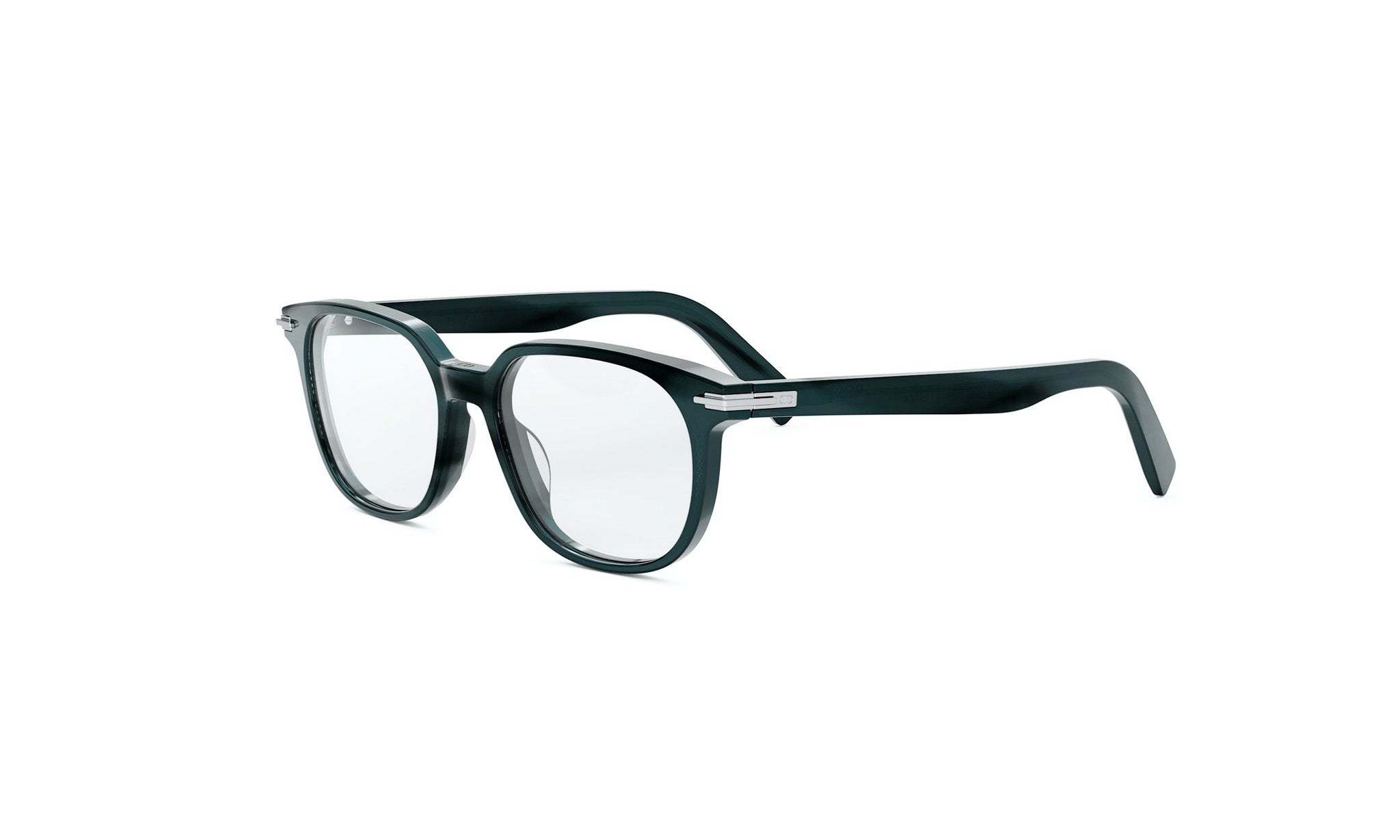 A pair of black-framed glasses with clear lenses is shown against a white background.