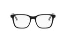 A pair of black-framed glasses with clear lenses, set against a white background.
