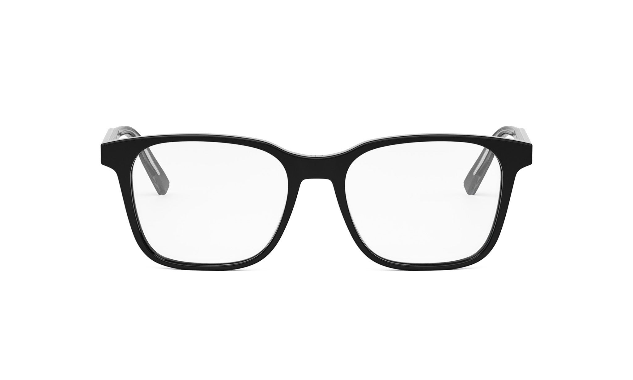 A pair of black-framed glasses with clear lenses, set against a white background.