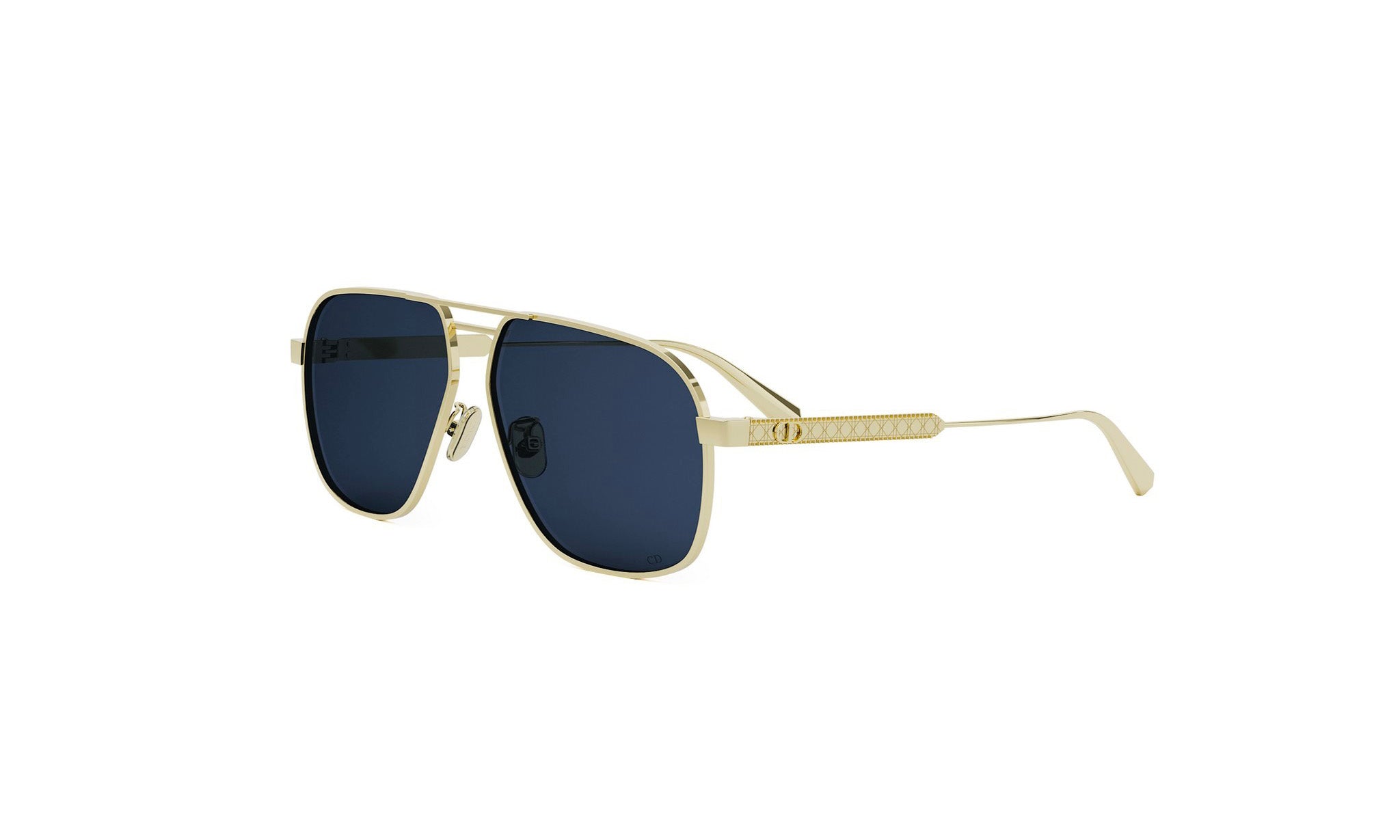 A pair of gold-colored sunglasses with dark blue lenses.