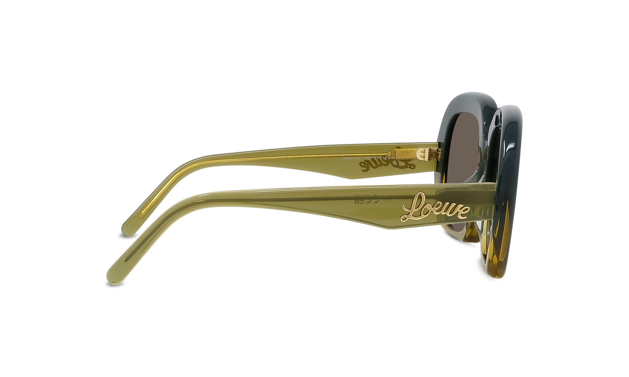 A pair of stylish sunglasses with a gold frame and dark lenses.
