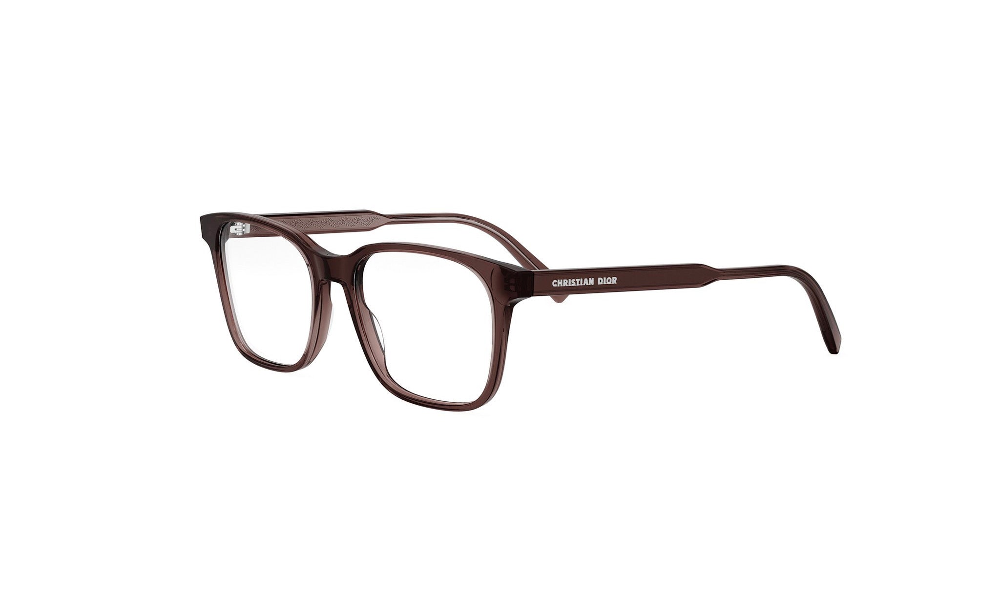 A pair of brown-framed glasses with the brand name "Christian Dior" printed on the side.