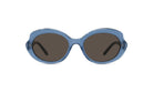 A pair of blue-tinted sunglasses with dark lenses.